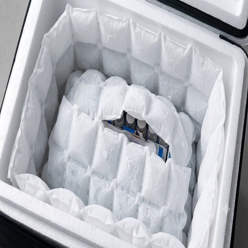 Gel ice blanket lining an insulated shipping box, a core part of cooling solutions for e-commerce