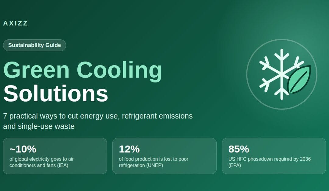 Green cooling solutions guide cover from Axizz with key stats on cooling energy use, food loss and HFC phasedown