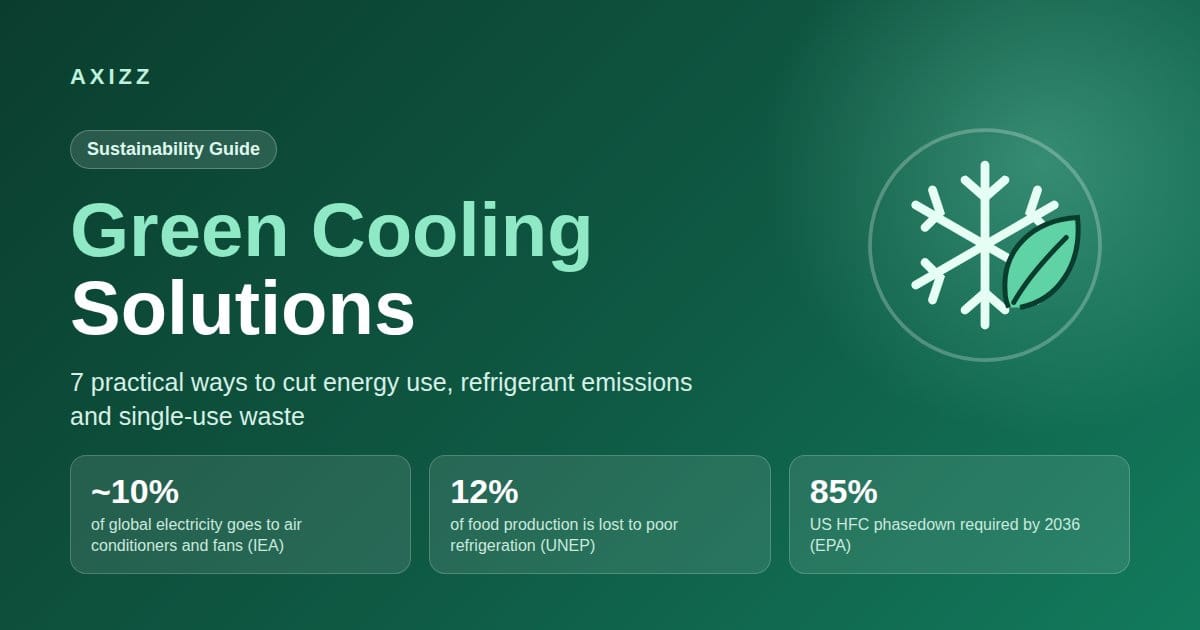 Green cooling solutions guide cover from Axizz with key stats on cooling energy use, food loss and HFC phasedown