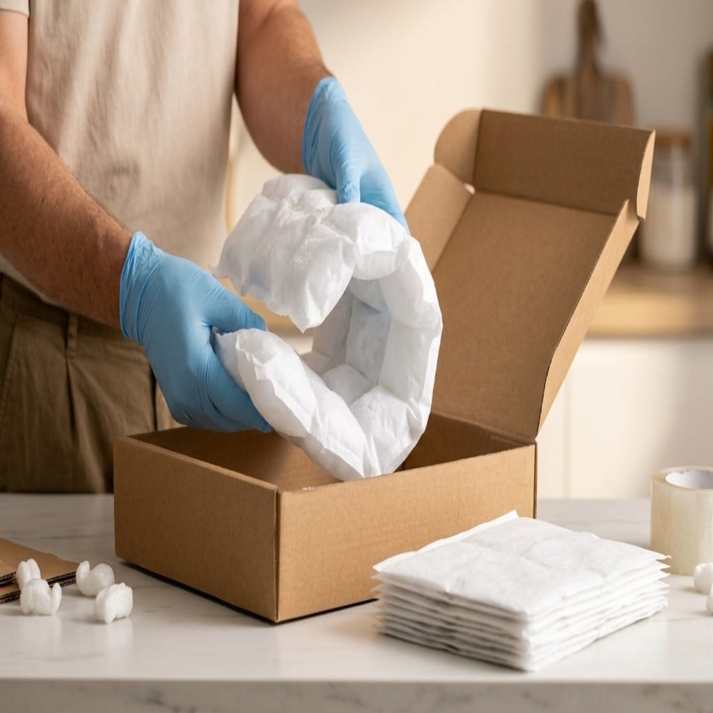 Gel ice packs being loaded into an insulated shipping box