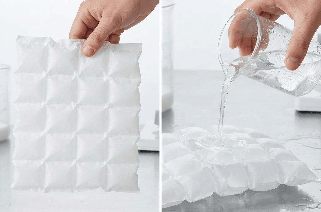 Reusable gel ice packs being packed for commercial shipping and cold storage