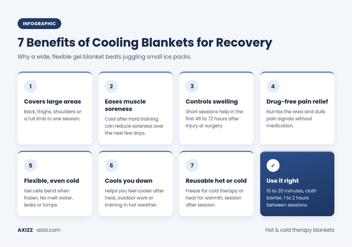 Infographic: 7 benefits of cooling blankets for recovery, including large coverage, less muscle soreness, swelling control and drug-free pain relief