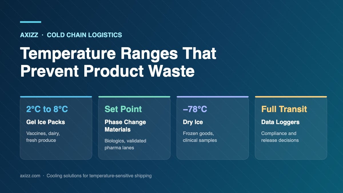 Cold chain logistics temperature ranges for gel ice packs, phase change materials and dry ice