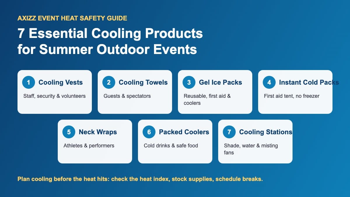 Infographic of 7 essential cooling products for summer outdoor events: cooling vests, cooling towels, gel ice packs, instant cold packs, neck wraps, packed coolers and cooling stations