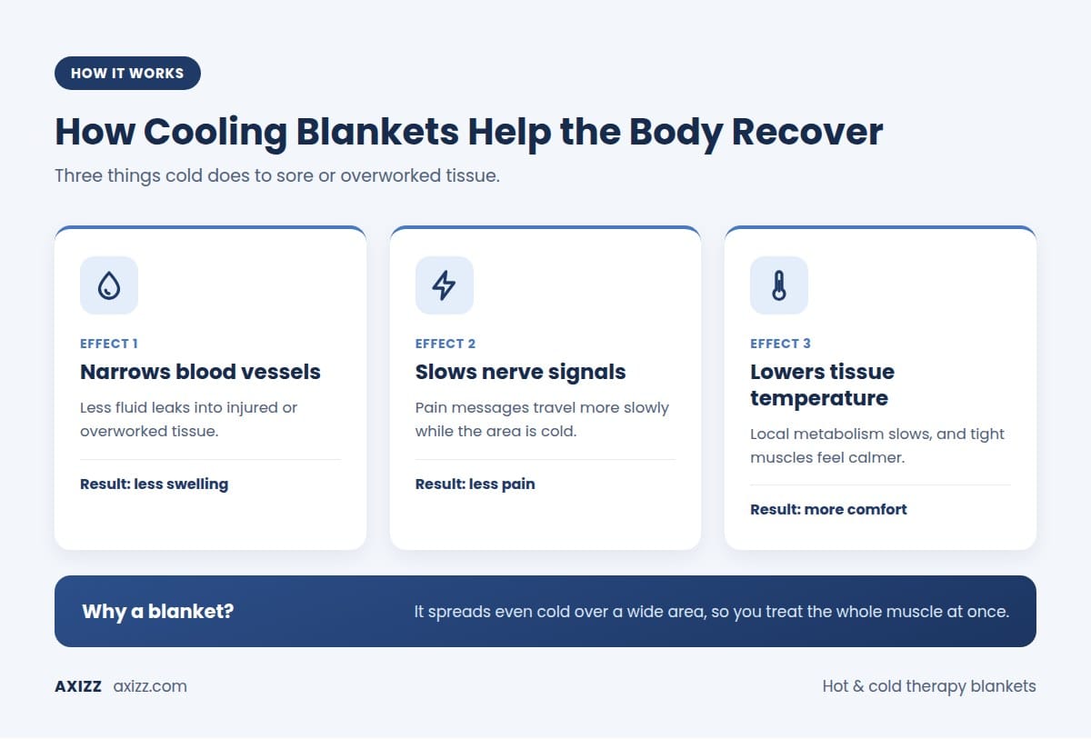 Diagram: how cooling blankets help the body recover by narrowing blood vessels, slowing nerve signals and lowering tissue temperature
